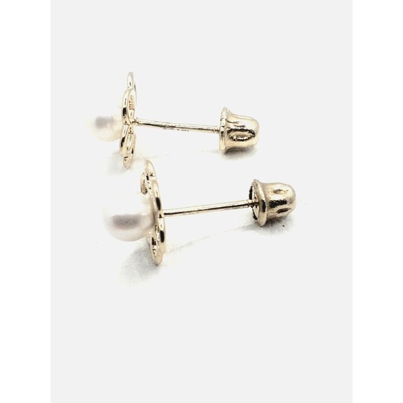Flower Pearl Baby / Toddler / Kids Earrings Safety Screw Back - 14k Gold - Picture 5 of 11